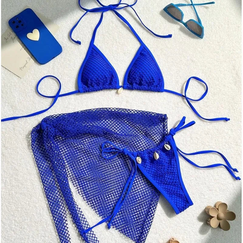 Sexy 3-teiliges Brazilian Bikini Set – Damen Push-Up Badeanzug mit Strandrock & Low-Waist Slip